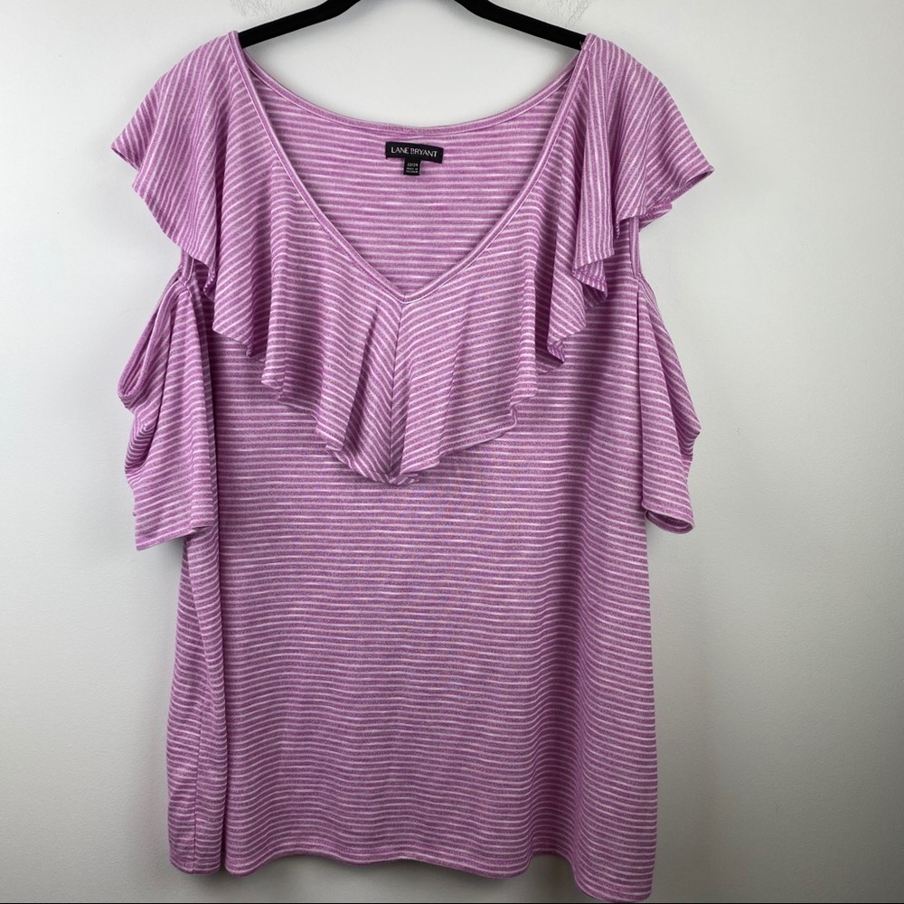LANE BRYANT Purple Stripe Ruffle Cold Shoulder Top